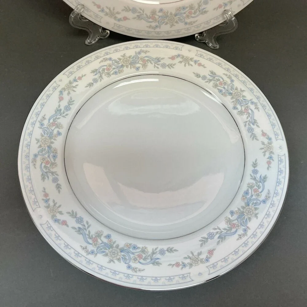 Somerset‎ by NL Excel Dinner Plates White Blue Floral Platinum Trim Lot of 2